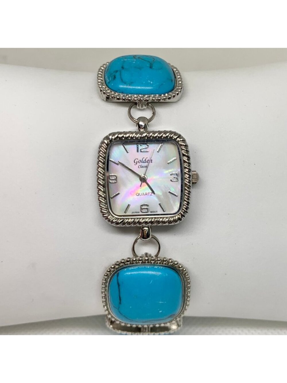 Golden classic womens watch faux turquoise stones silver tone 23mm running